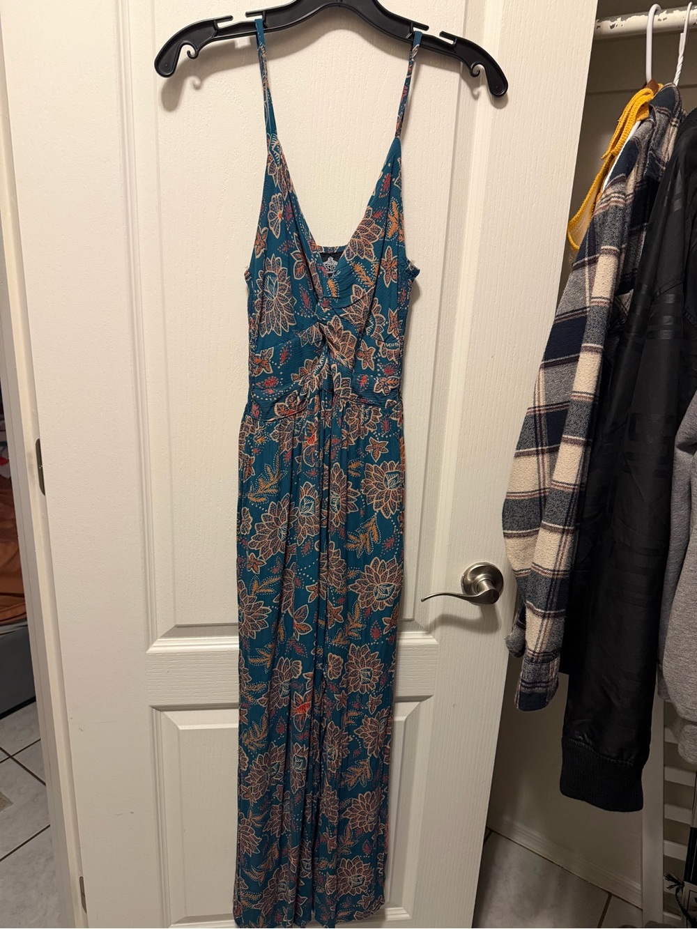 Angie Teal Floral jumpsuit Dress with Spaghetti Straps and V-Neck